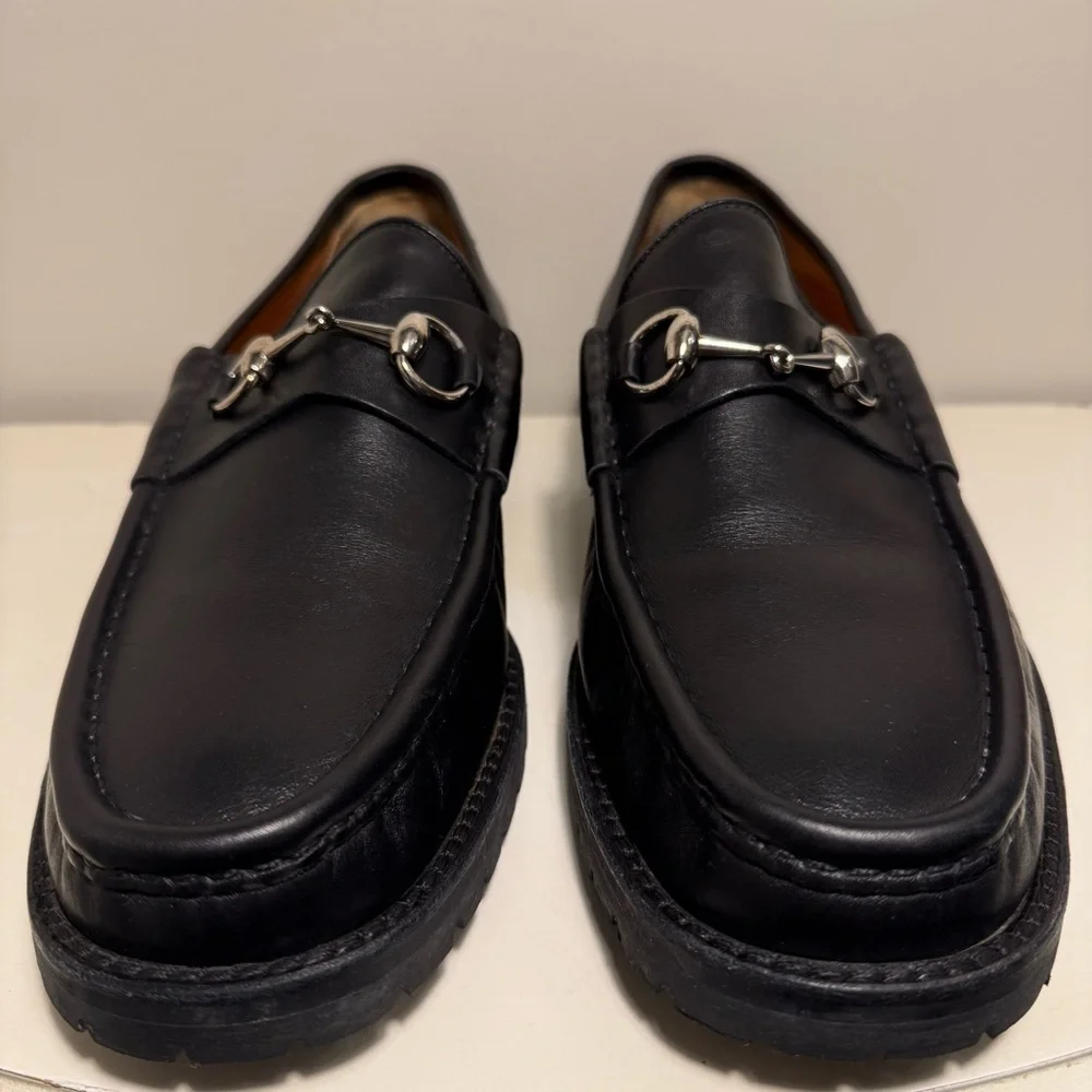 Gucci Horse Bit Lug Sole Black Leather Loafer Men’s Size 12.5 Brass Brown Logo - Picture 2 of 13